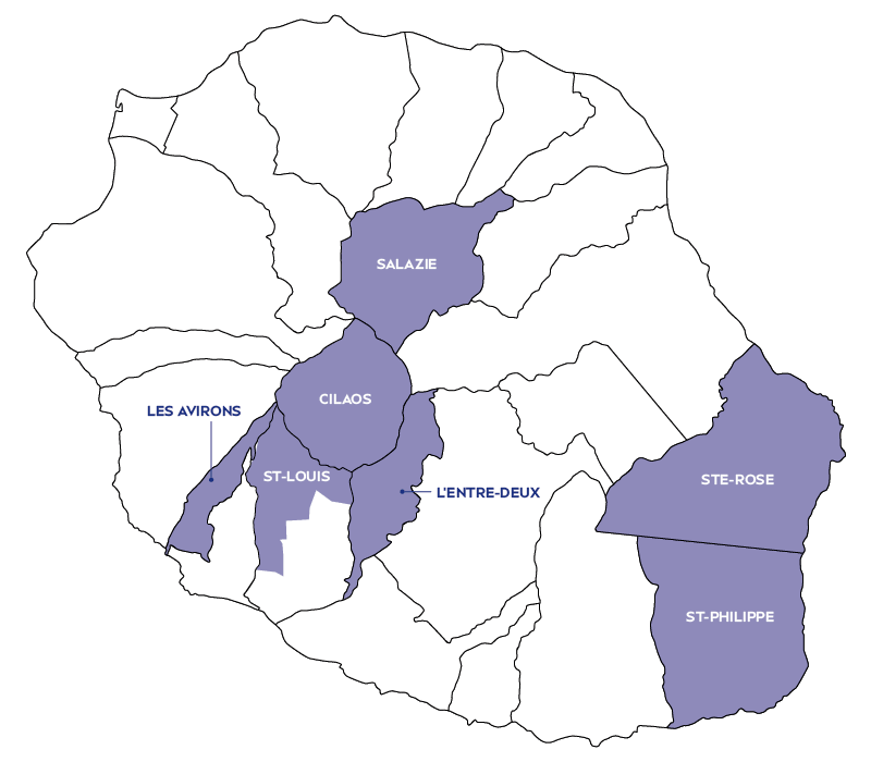 Carte des zones de couverture très haut débit à La Réunion avec les communes de Cilaos, Salazie, Saint-Louis, Sainte-Rose, Saint-Philippe, Les Avirons et Entre-Deux