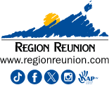 Logo de la Région Réunion avec son URL et icônes des réseaux sociaux